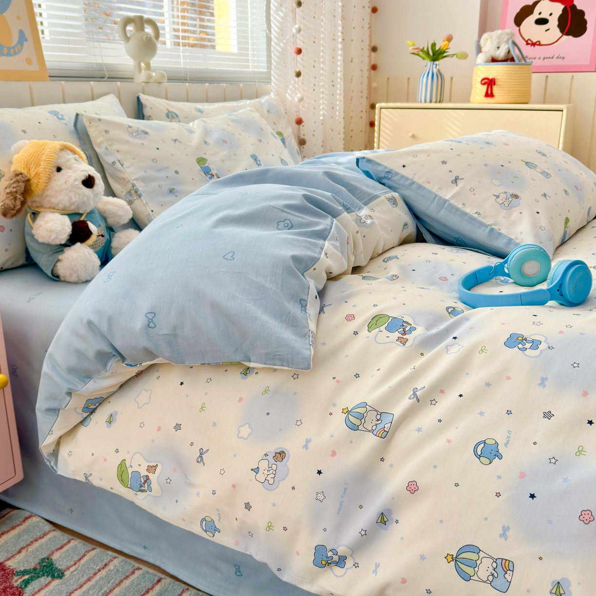 91家纺网 家纺一手货源 找家纺 清雅福 2026春夏新款INS小清新40支全棉13372单枕套第二批 蓝色小象