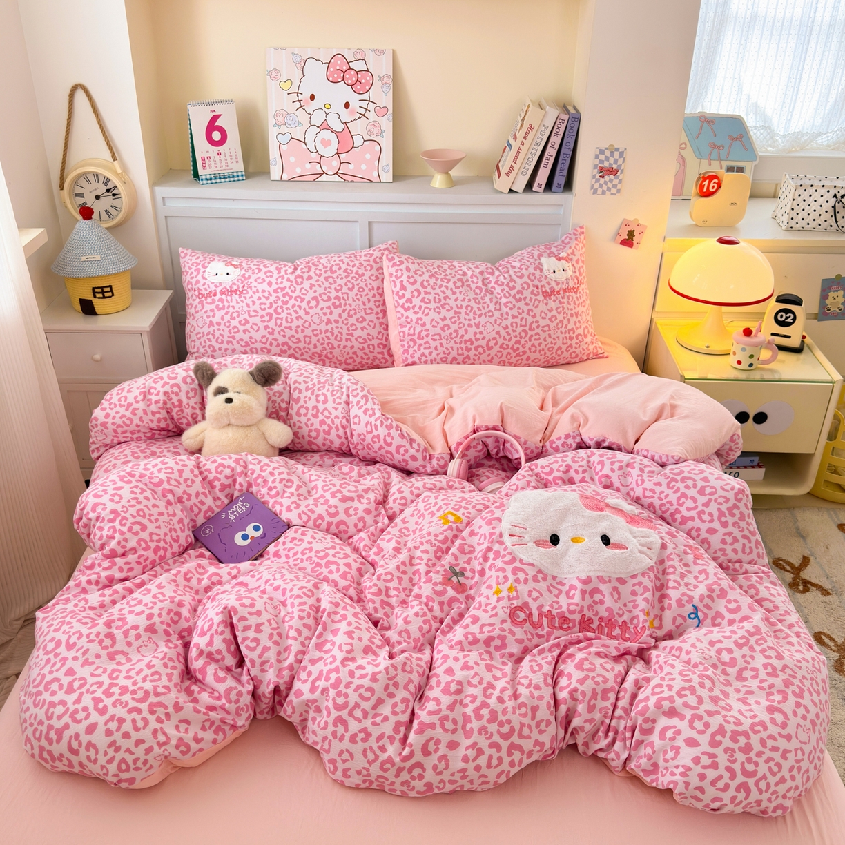 91家纺网 家纺一手货源 找家纺 （总）橙意 2026新款云感双层纱贴布绣四件套-豹纹KT猫