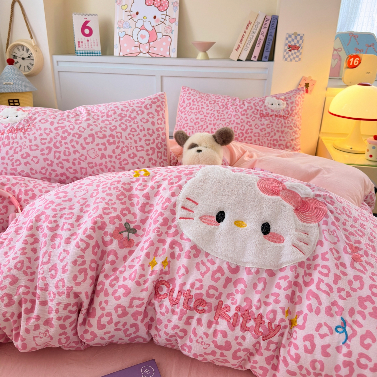 91家纺网 家纺一手货源 找家纺 （总）橙意 2026新款云感双层纱贴布绣四件套-豹纹KT猫