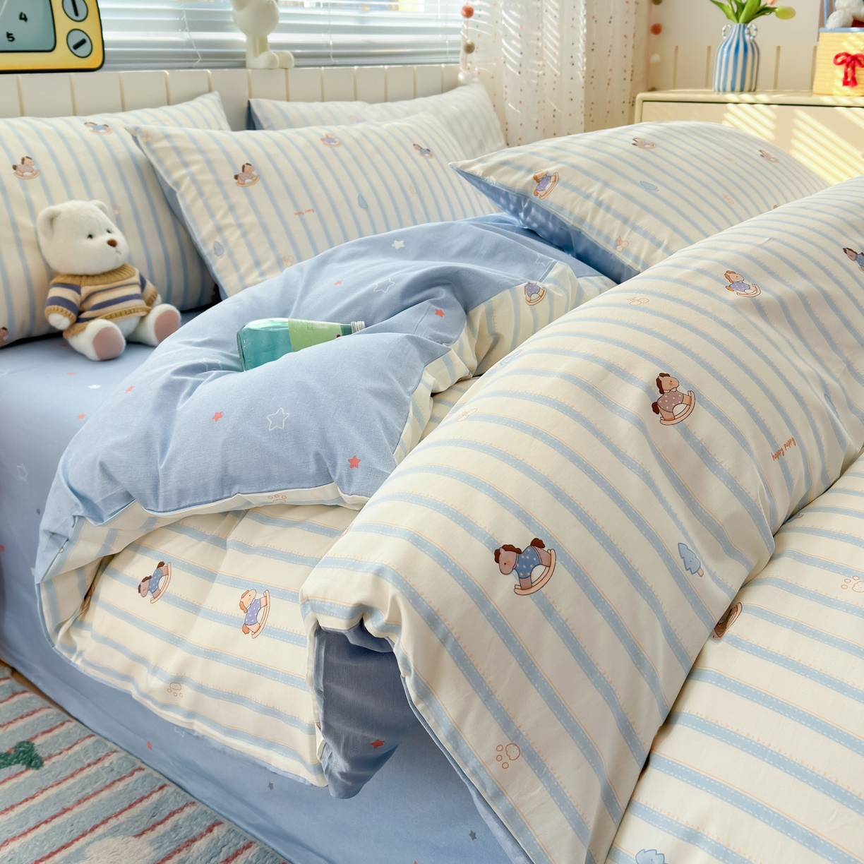 91家纺网 家纺一手货源 找家纺 清雅福 2026春夏新款INS小清新40支全棉13372单枕套第二批 跷跷马