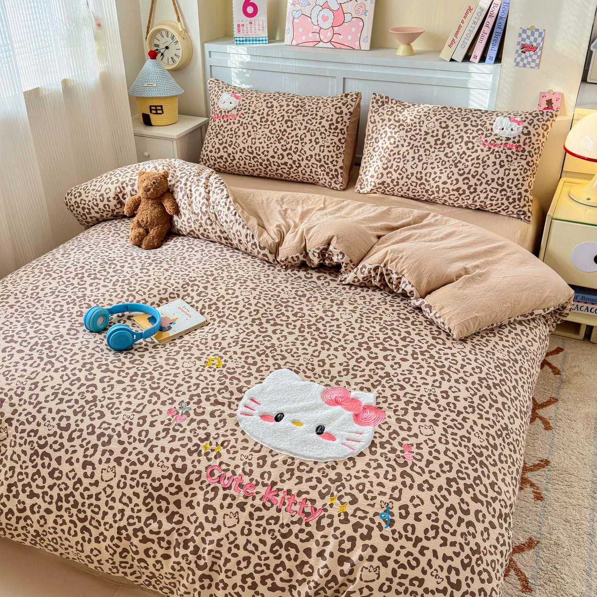 91家纺网 家纺一手货源 找家纺 （总）橙意 2026新款云感双层纱贴布绣四件套-豹纹KT猫