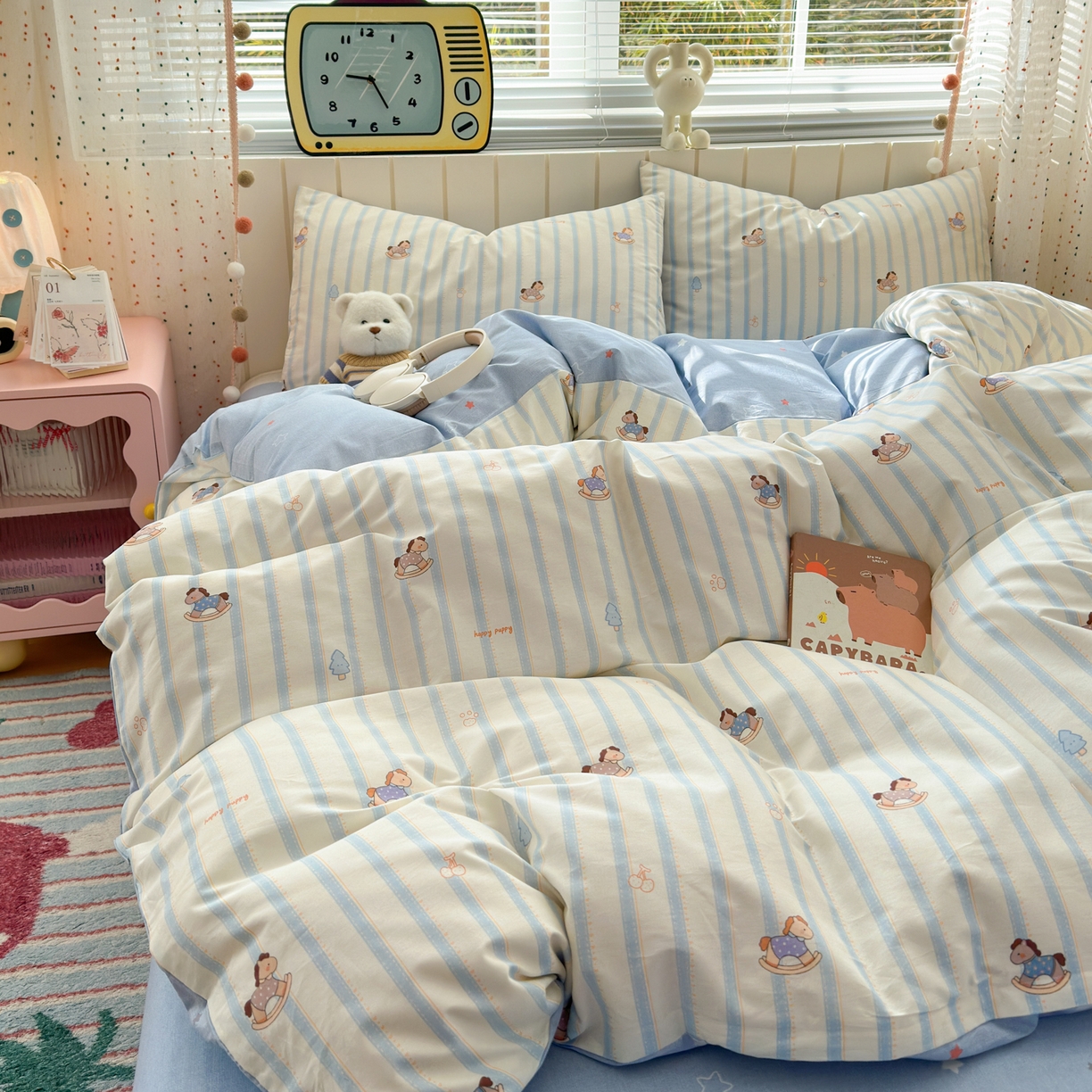 91家纺网 家纺一手货源 找家纺 清雅福 2026春夏新款INS小清新40支全棉13372单枕套第二批 跷跷马