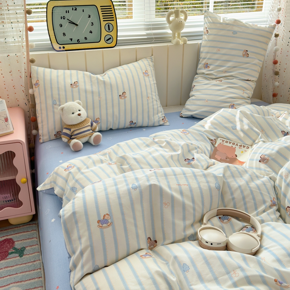 91家纺网 家纺一手货源 找家纺 清雅福 2026春夏新款INS小清新40支全棉13372单枕套第二批 跷跷马