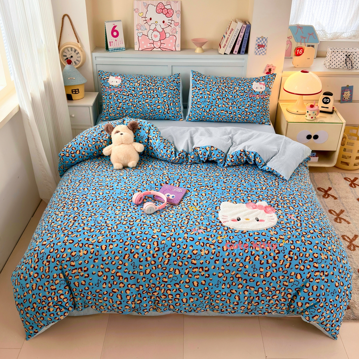 91家纺网 家纺一手货源 找家纺 橙意 2026新款云感双层纱贴布绣四件套-豹纹KT猫 豹纹KT猫-蓝