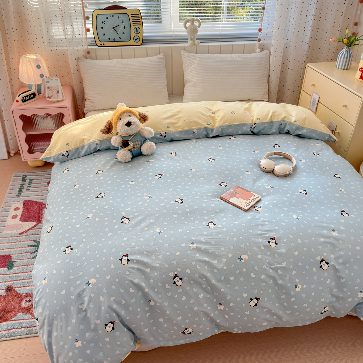 91家纺网 家纺一手货源 找家纺 清雅福 2026春夏新款INS小清新40支全棉13372单枕套第二批 星星企鹅