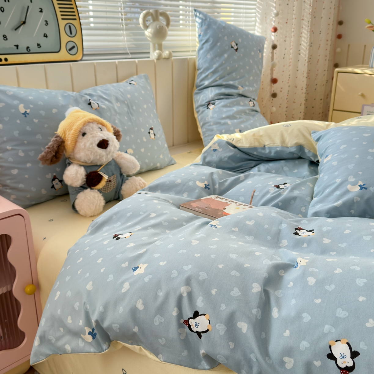 91家纺网 家纺一手货源 找家纺 清雅福 2026春夏新款INS小清新40支全棉13372单枕套第二批 星星企鹅