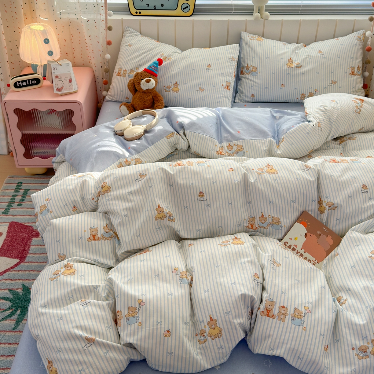 91家纺网 家纺一手货源 找家纺 清雅福 2026春夏新款INS小清新40支全棉13372单枕套第二批 幸福小熊