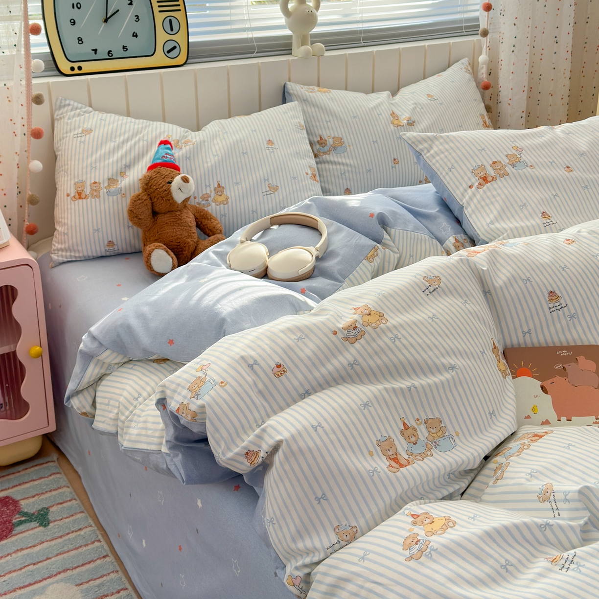 91家纺网 家纺一手货源 找家纺 清雅福 2026春夏新款INS小清新40支全棉13372单枕套第二批 幸福小熊