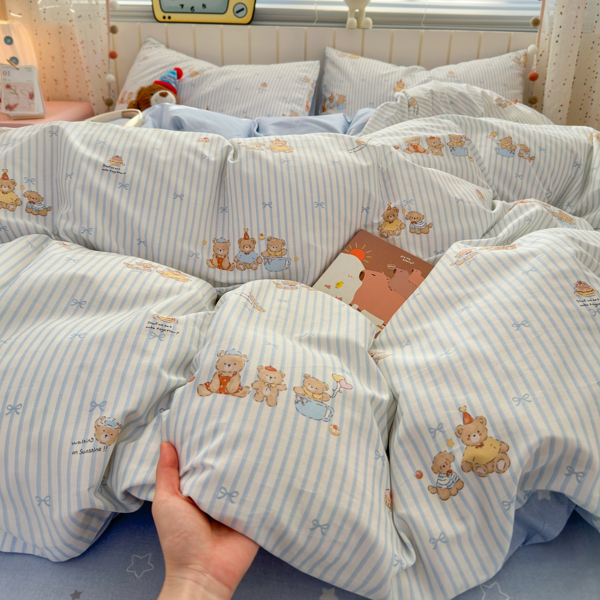 91家纺网 家纺一手货源 找家纺 清雅福 2026春夏新款INS小清新40支全棉13372单枕套第二批 幸福小熊