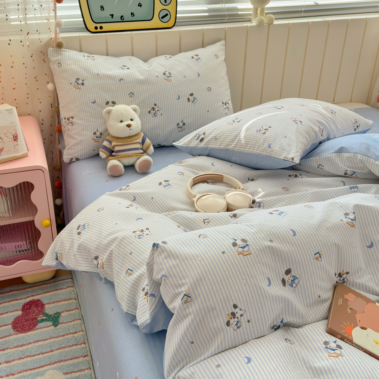 91家纺网 家纺一手货源 找家纺 清雅福 2026春夏新款INS小清新40支全棉13372单枕套第二批 月亮狗