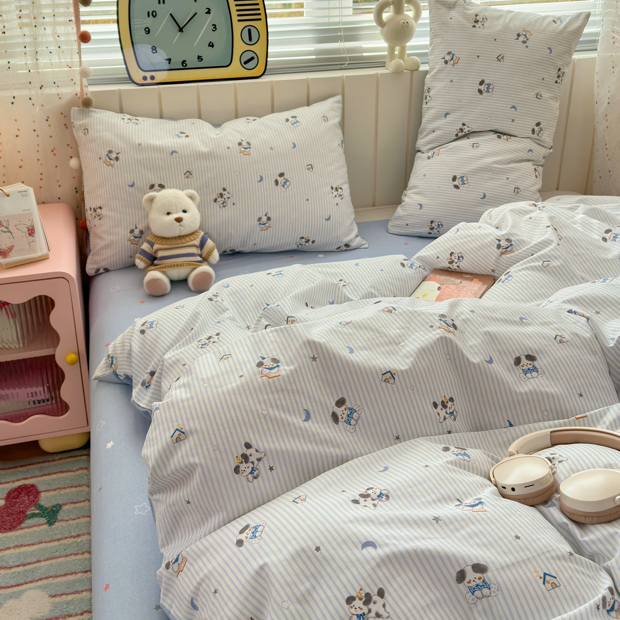 91家纺网 家纺一手货源 找家纺 清雅福 2026春夏新款INS小清新40支全棉13372单枕套第二批 月亮狗