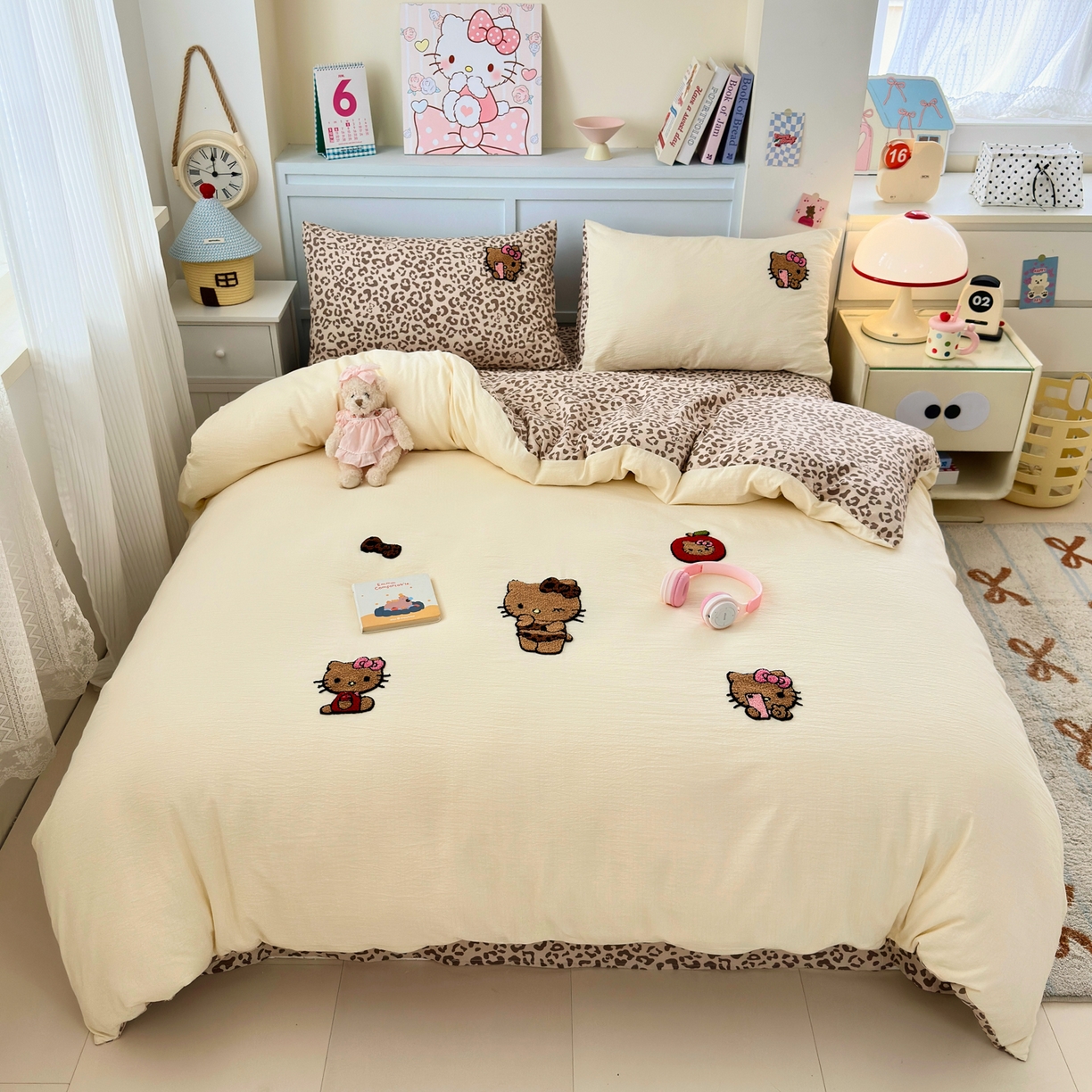 91家纺网 家纺一手货源 找家纺 橙意 2026新款云感双层纱贴布绣四件套-黑皮KT猫 黑皮KT猫-奶油黄