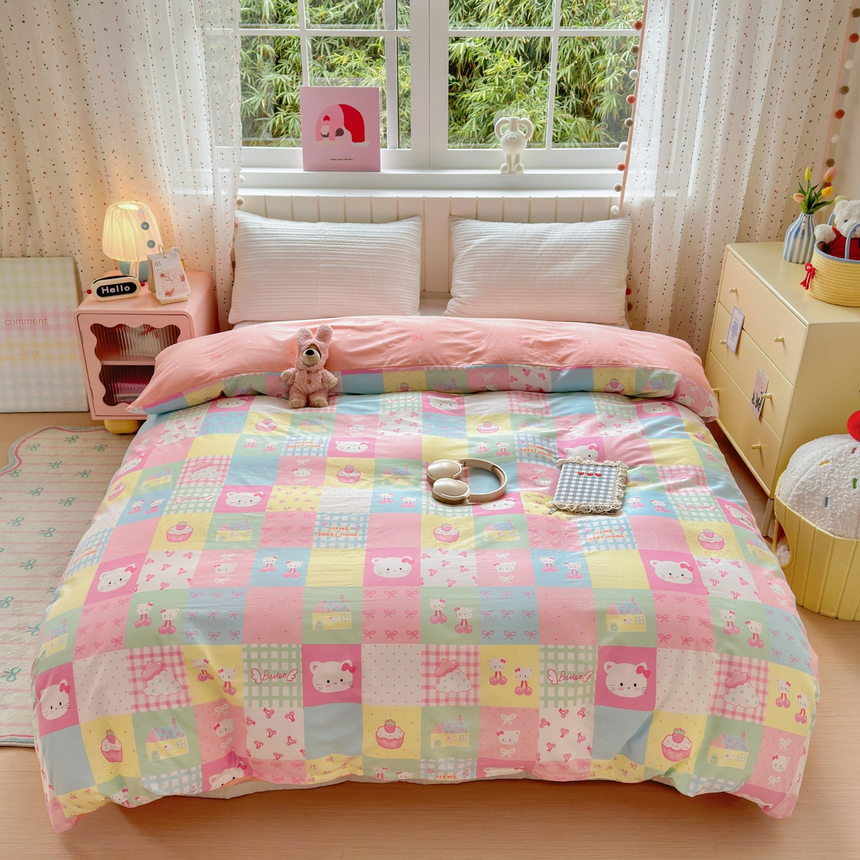 91家纺网 家纺一手货源 找家纺 清雅福 2026春夏新款INS小清新40支全棉13372四件套第二批 可爱喵喵