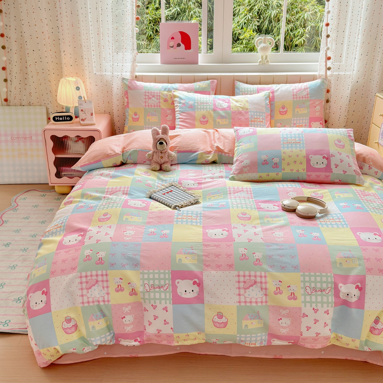 91家纺网 家纺一手货源 找家纺 清雅福 2026春夏新款INS小清新40支全棉13372四件套第二批 可爱喵喵