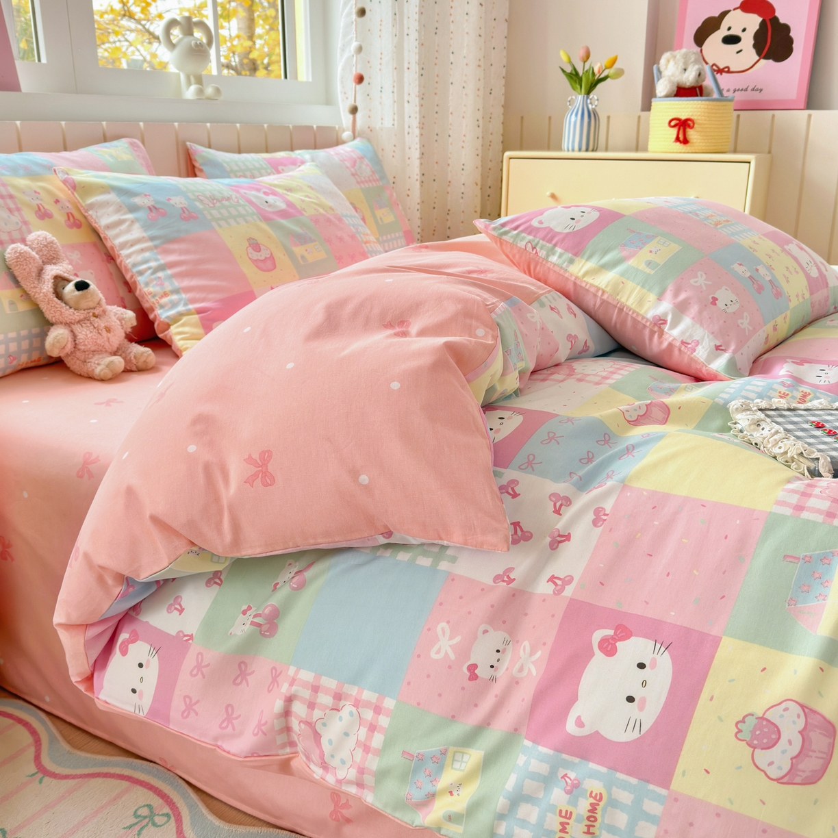 91家纺网 家纺一手货源 找家纺 清雅福 2026春夏新款INS小清新40支全棉13372四件套第二批 可爱喵喵