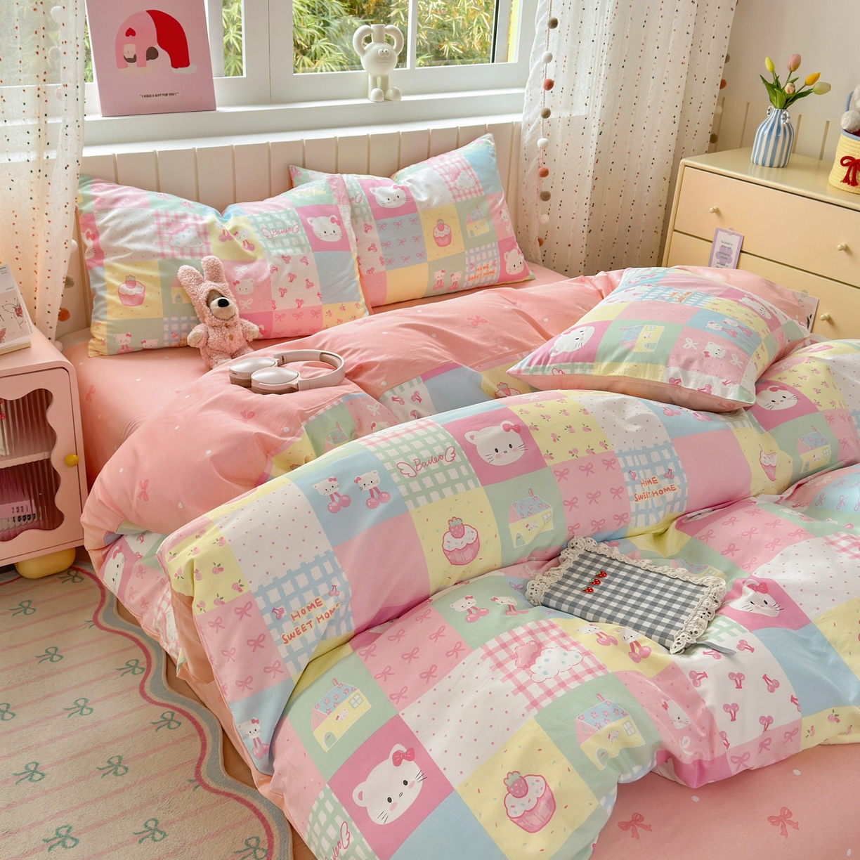 91家纺网 家纺一手货源 找家纺 清雅福 2026春夏新款INS小清新40支全棉13372四件套第二批 可爱喵喵