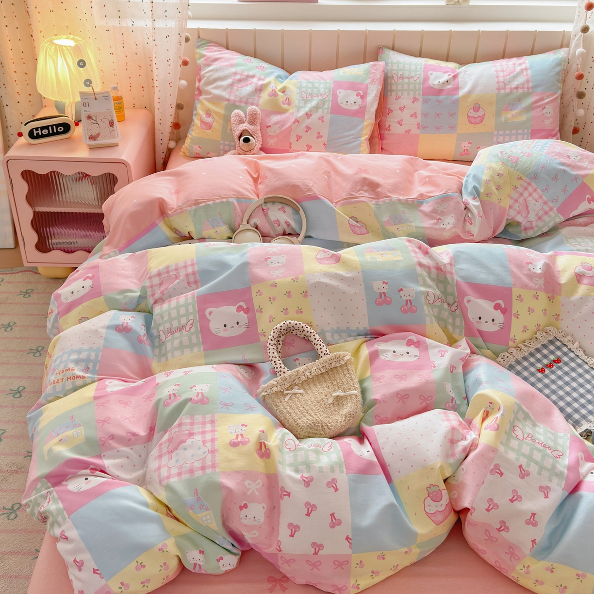 91家纺网 家纺一手货源 找家纺 清雅福 2026春夏新款INS小清新40支全棉13372四件套第二批 可爱喵喵