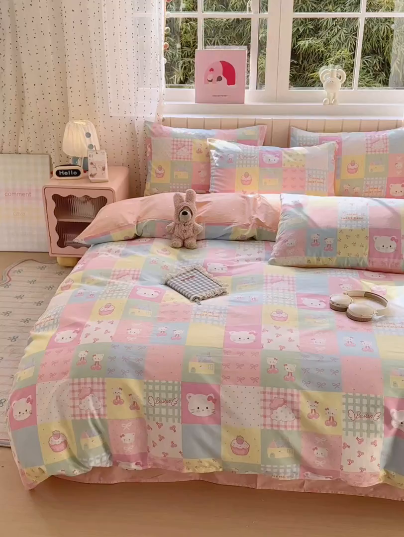 91家纺网 家纺一手货源 找家纺 清雅福 2026春夏新款INS小清新40支全棉13372四件套第二批 可爱喵喵