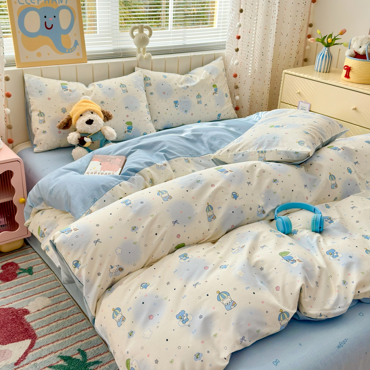 91家纺网 家纺一手货源 找家纺 清雅福 2026春夏新款INS小清新40支全棉13372四件套第二批 蓝色小象