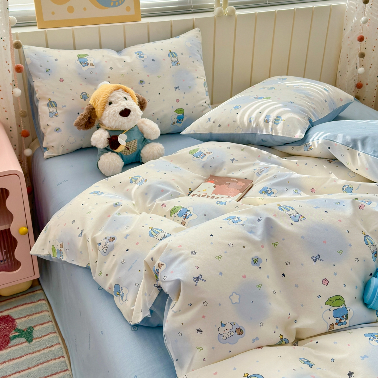 91家纺网 家纺一手货源 找家纺 清雅福 2026春夏新款INS小清新40支全棉13372四件套第二批 蓝色小象