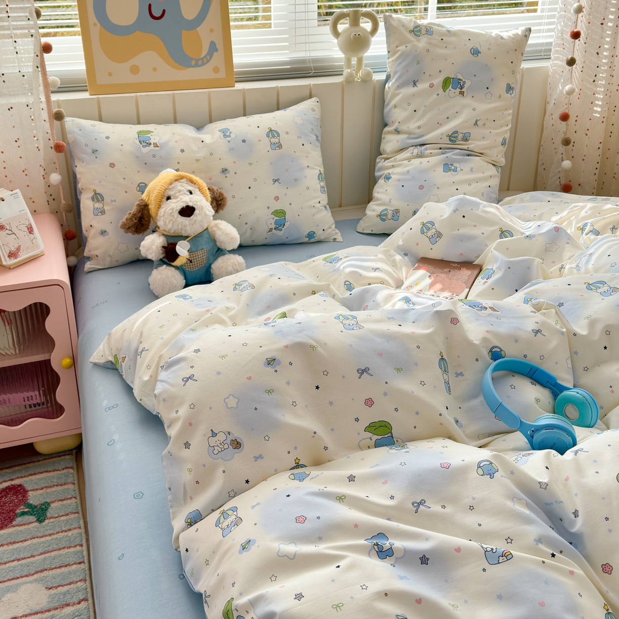 91家纺网 家纺一手货源 找家纺 清雅福 2026春夏新款INS小清新40支全棉13372四件套第二批 蓝色小象