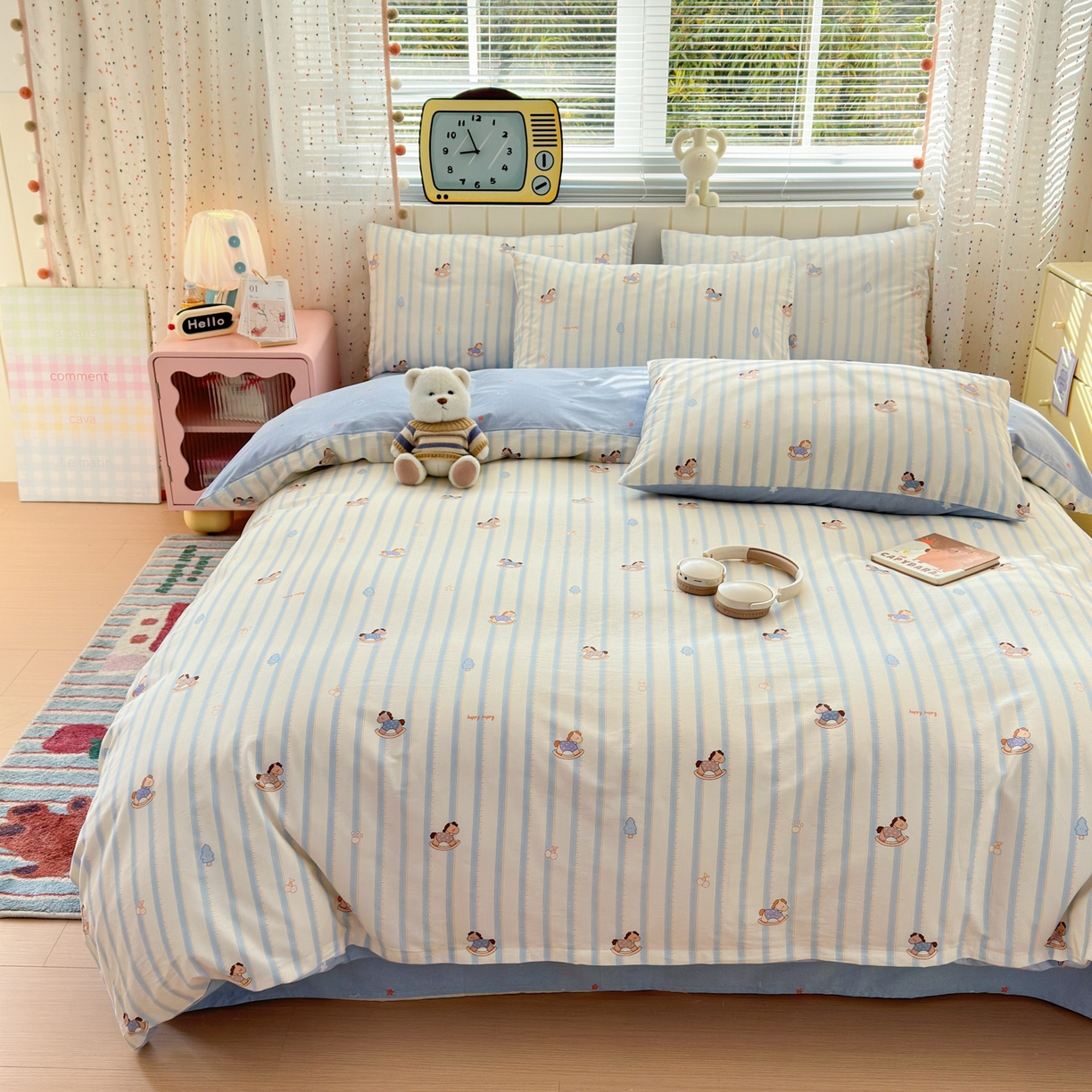 91家纺网 家纺一手货源 找家纺 清雅福 2026春夏新款INS小清新40支全棉13372四件套第二批 跷跷马