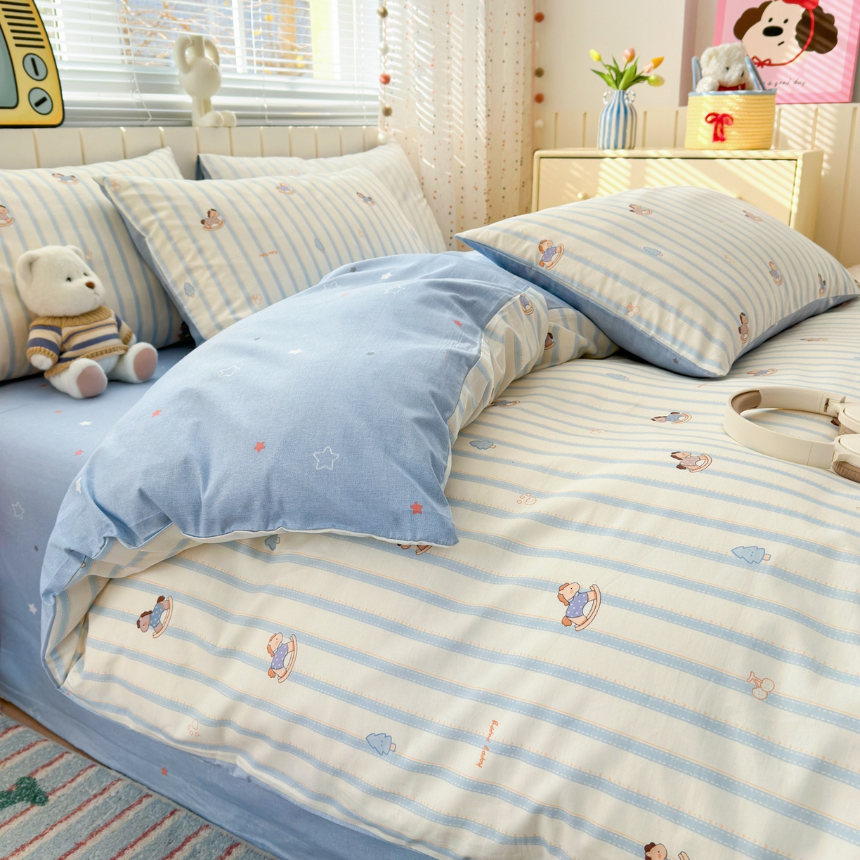 91家纺网 家纺一手货源 找家纺 清雅福 2026春夏新款INS小清新40支全棉13372四件套第二批 跷跷马