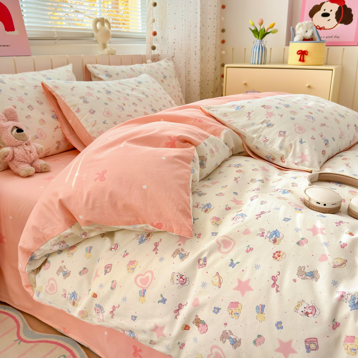 91家纺网 家纺一手货源 找家纺 清雅福 2026春夏新款INS小清新40支全棉13372四件套第二批 甜蜜花园