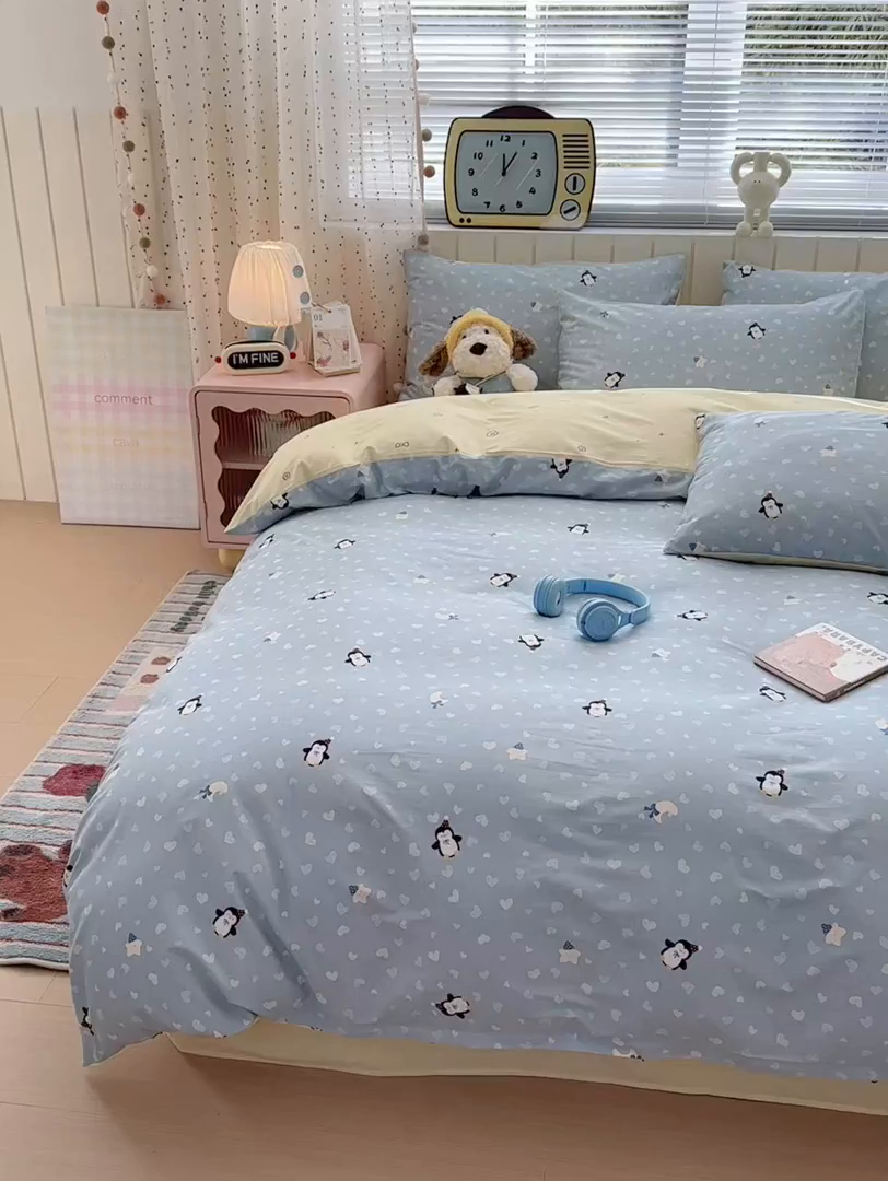 91家纺网 家纺一手货源 找家纺 清雅福 2026春夏新款INS小清新40支全棉13372四件套第二批 星星企鹅