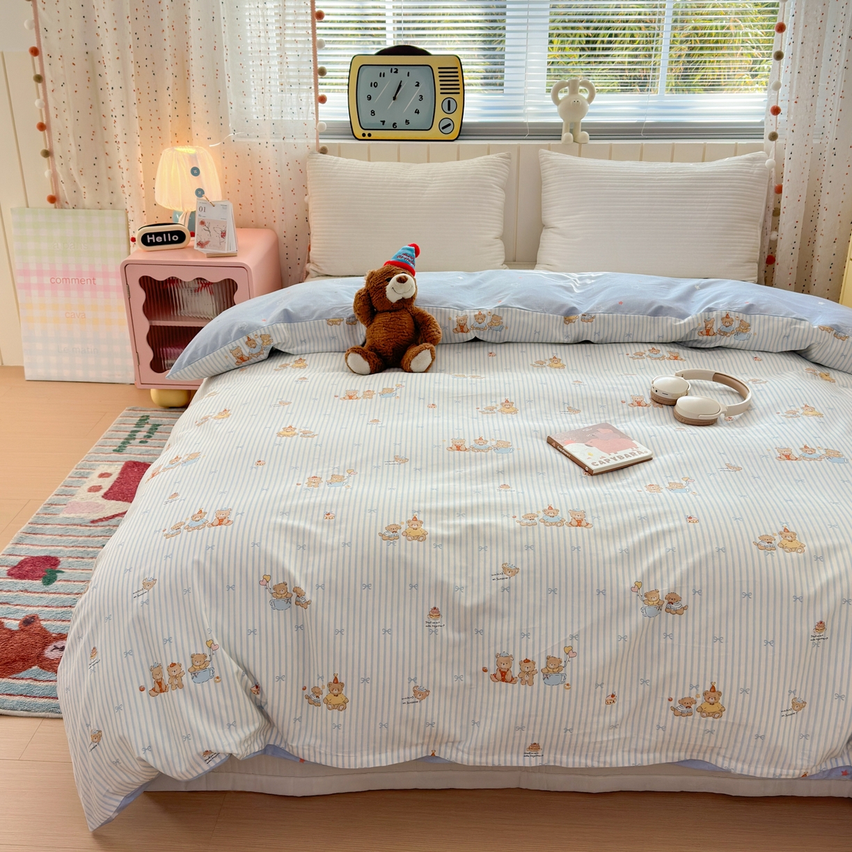 91家纺网 家纺一手货源 找家纺 清雅福 2026春夏新款INS小清新40支全棉13372四件套第二批 幸福小熊