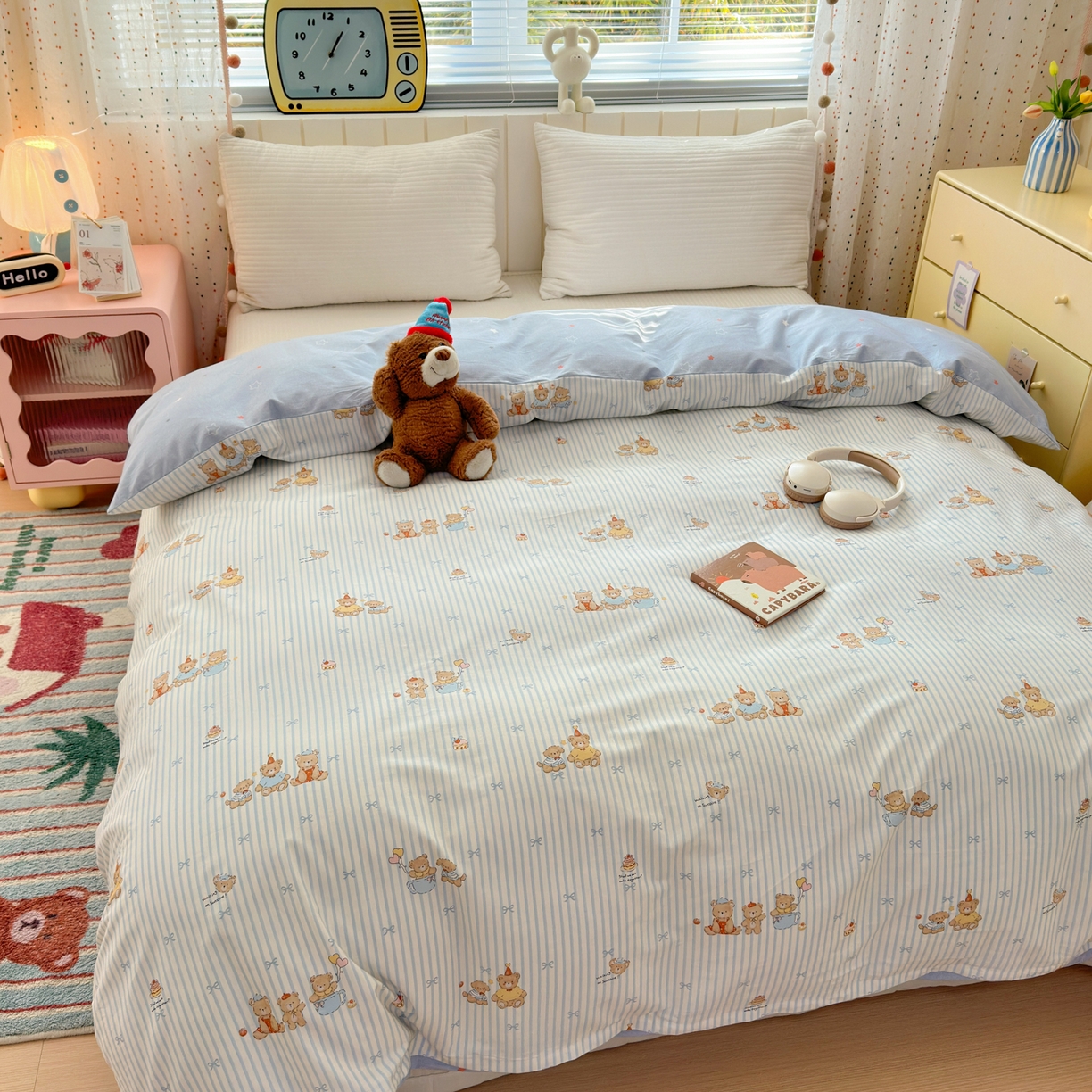 91家纺网 家纺一手货源 找家纺 清雅福 2026春夏新款INS小清新40支全棉13372四件套第二批 幸福小熊