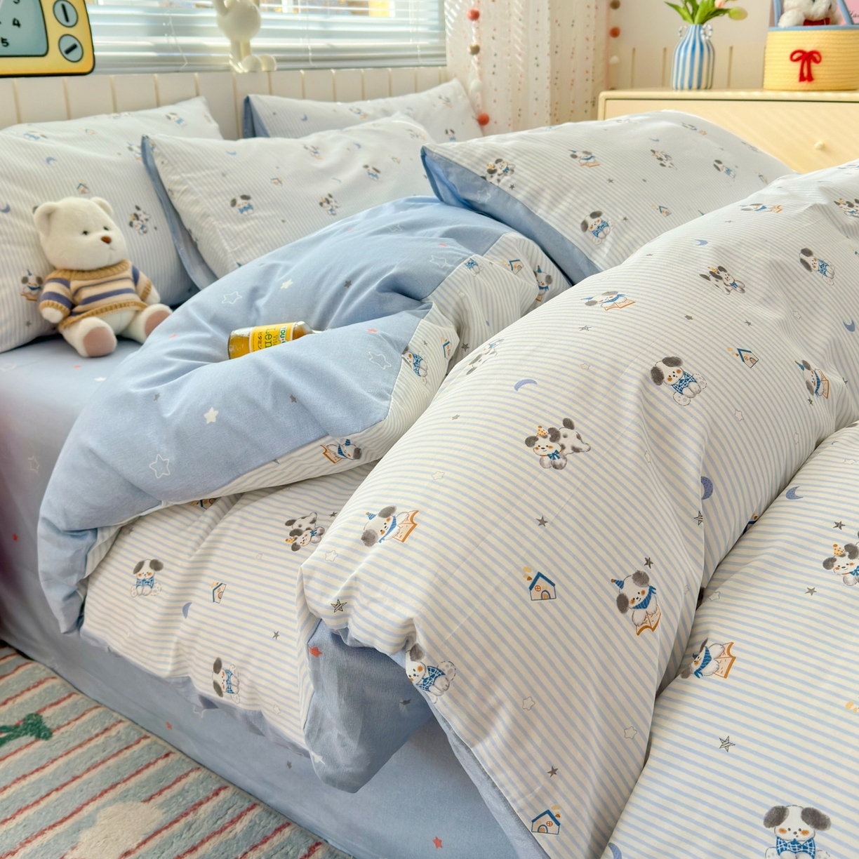 91家纺网 家纺一手货源 找家纺 清雅福 2026春夏新款INS小清新40支全棉13372四件套第二批 月亮狗