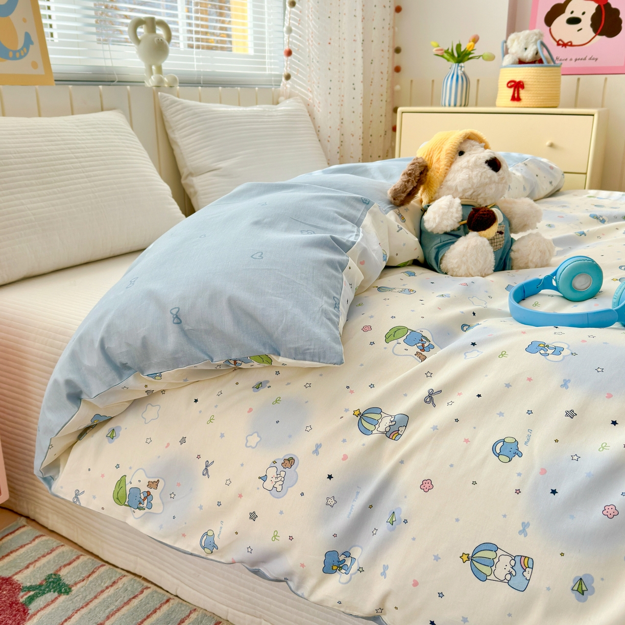 91家纺网 家纺一手货源 找家纺 清雅福 2026春夏新款INS小清新40支全棉13372单被套第二批 蓝色小象