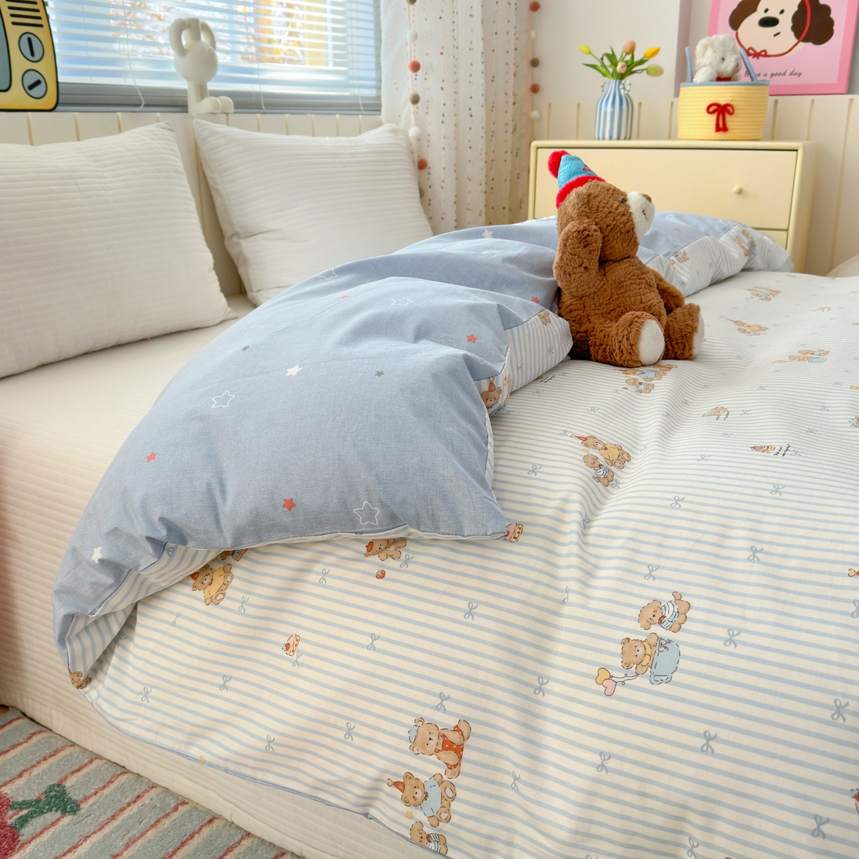 91家纺网 家纺一手货源 找家纺 清雅福 2026春夏新款INS小清新40支全棉13372单被套第二批 幸福小熊