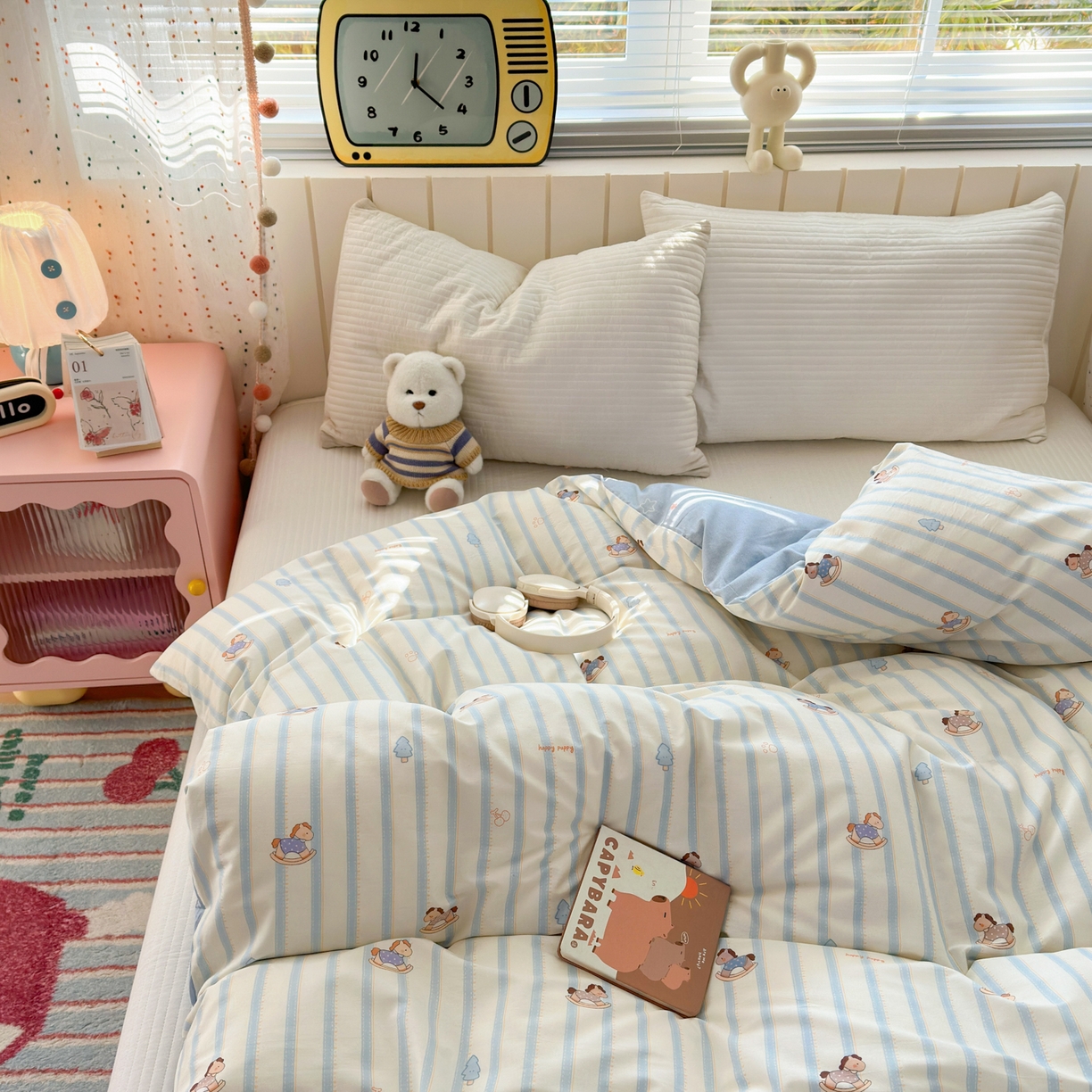 91家纺网 家纺一手货源 找家纺 清雅福 2026春夏新款INS小清新40支全棉13372单被套第二批 跷跷马