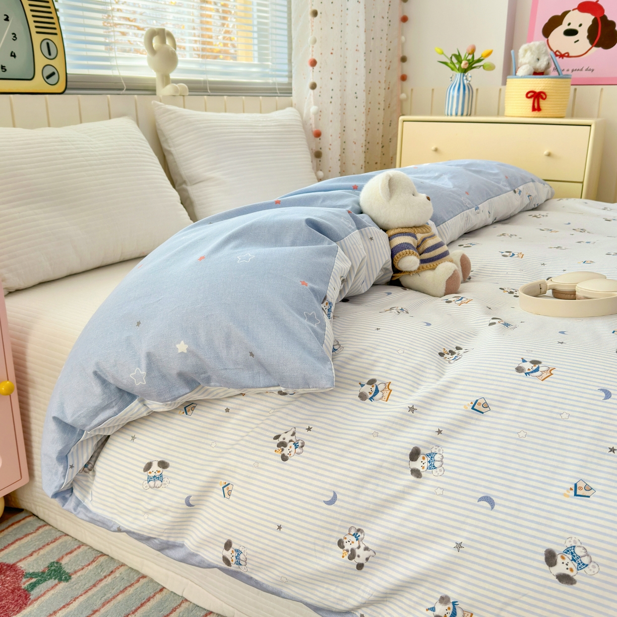 91家纺网 家纺一手货源 找家纺 清雅福 2026春夏新款INS小清新40支全棉13372单被套第二批 月亮狗