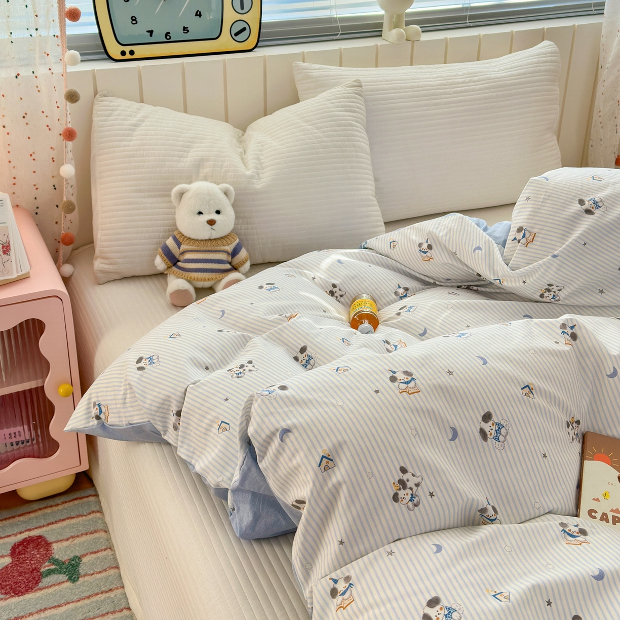 91家纺网 家纺一手货源 找家纺 清雅福 2026春夏新款INS小清新40支全棉13372单被套第二批 月亮狗