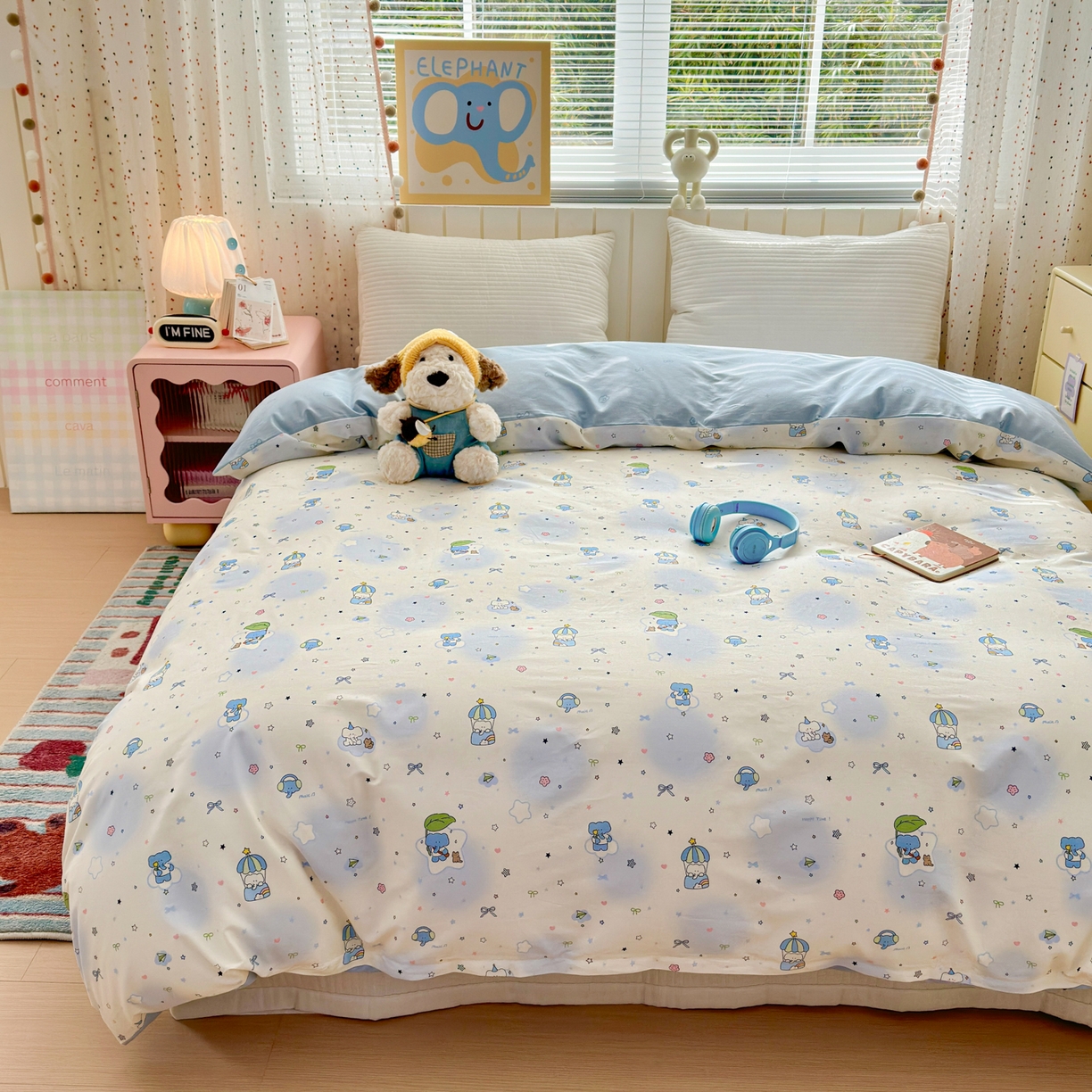 91家纺网 家纺一手货源 找家纺 清雅福 2026春夏新款INS小清新40支全棉13372单被套第二批 蓝色小象