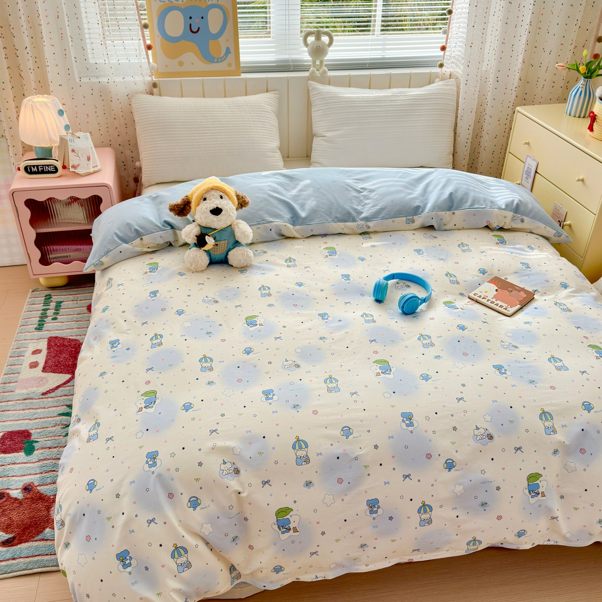 91家纺网 家纺一手货源 找家纺 清雅福 2026春夏新款INS小清新40支全棉13372单被套第二批 蓝色小象