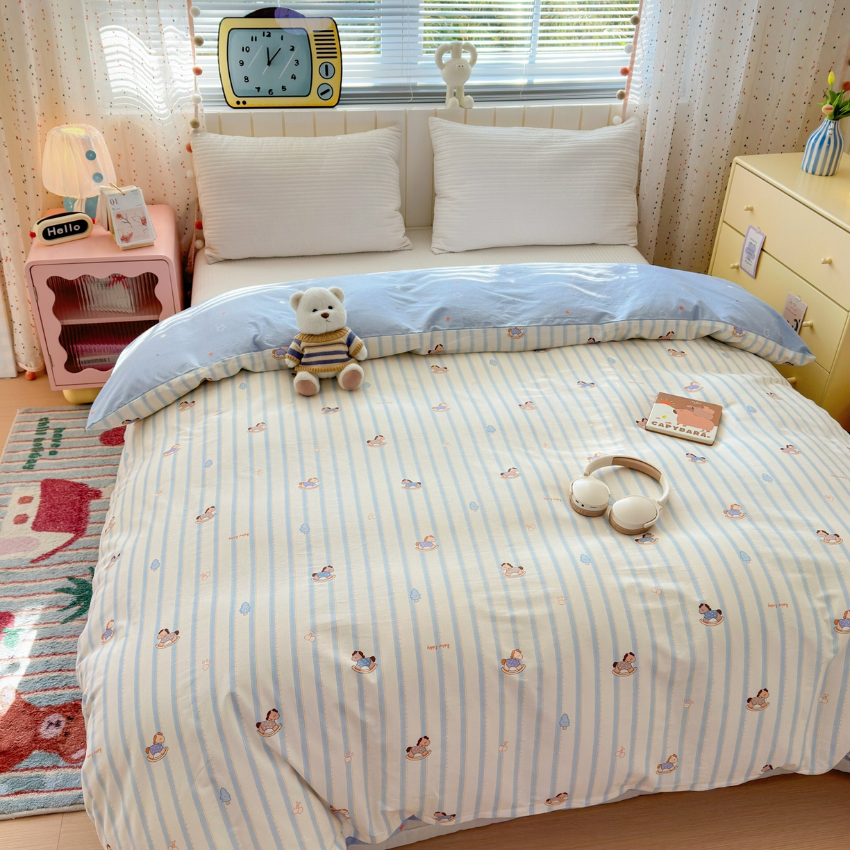 91家纺网 家纺一手货源 找家纺 清雅福 2026春夏新款INS小清新40支全棉13372单被套第二批 跷跷马