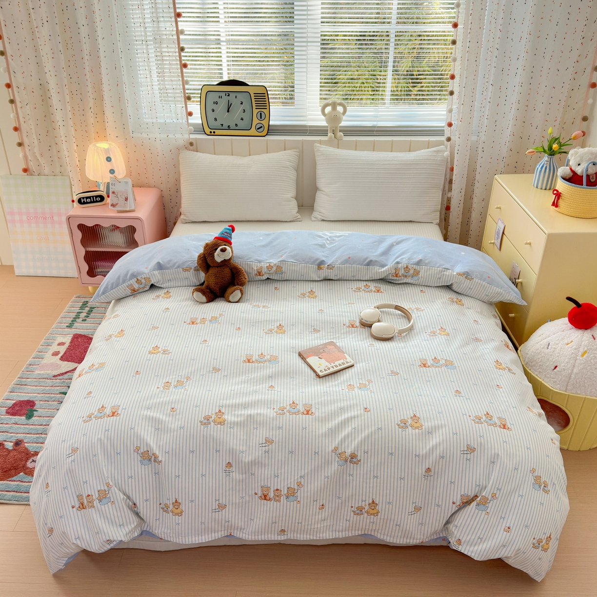 91家纺网 家纺一手货源 找家纺 清雅福 2026春夏新款INS小清新40支全棉13372单被套第二批 幸福小熊