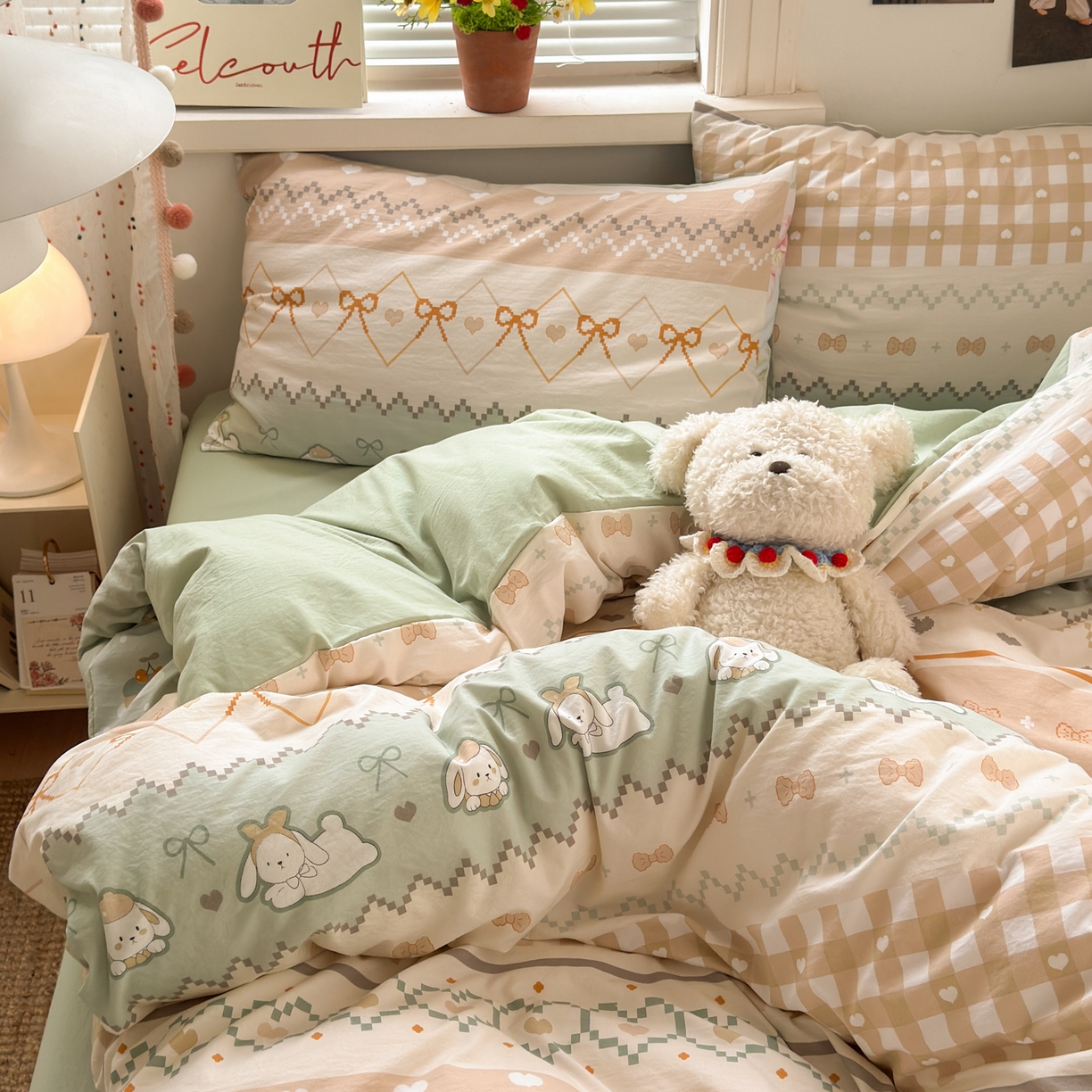 91家纺网 家纺一手货源 找家纺 灿禾家纺（原灿哈家纺）  2026新款<小布袋同款面料>古法水洗棉仿棉高克重云柔棉四件套