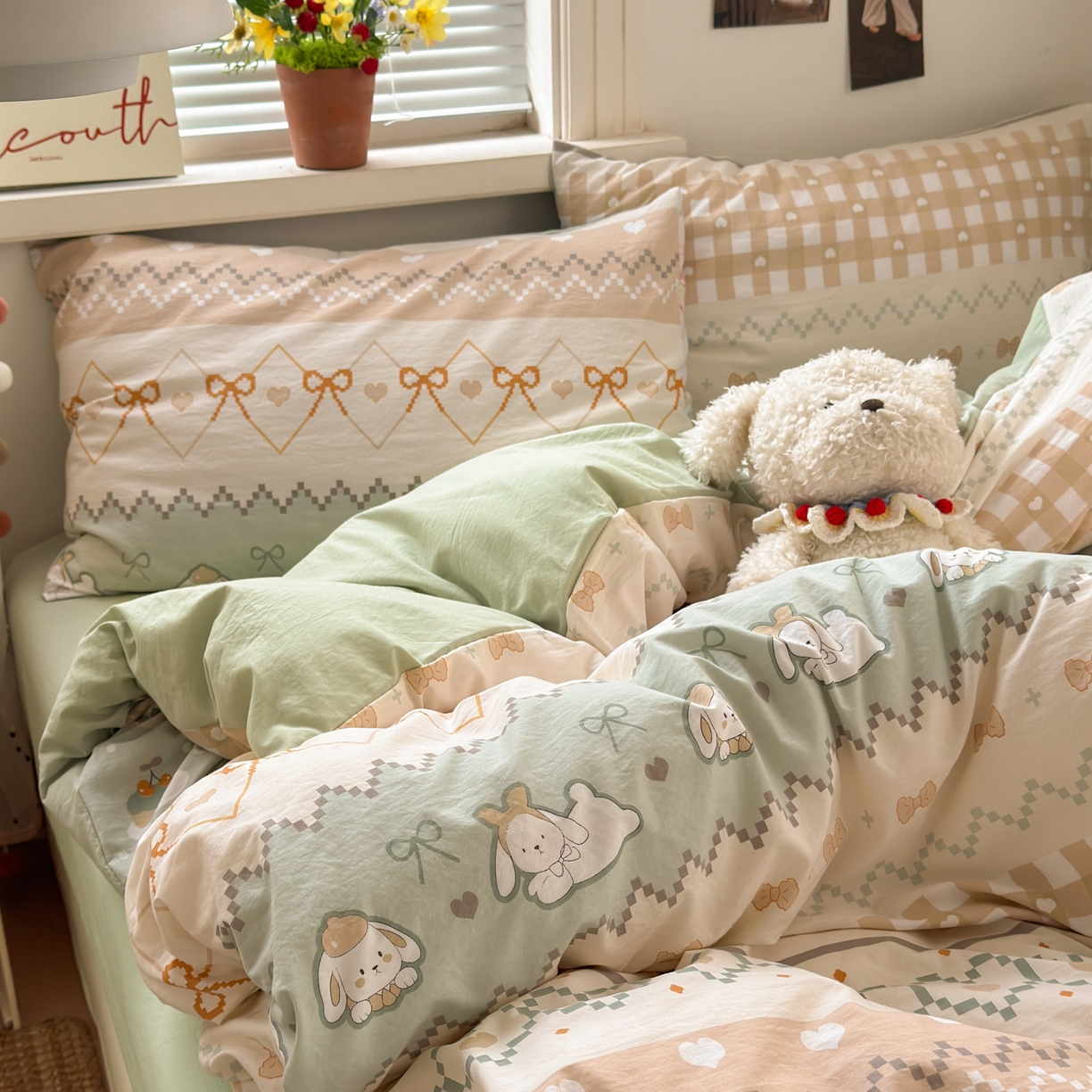 91家纺网 家纺一手货源 找家纺 灿禾家纺（原灿哈家纺）  2026新款<小布袋同款面料>古法水洗棉仿棉高克重云柔棉四件套