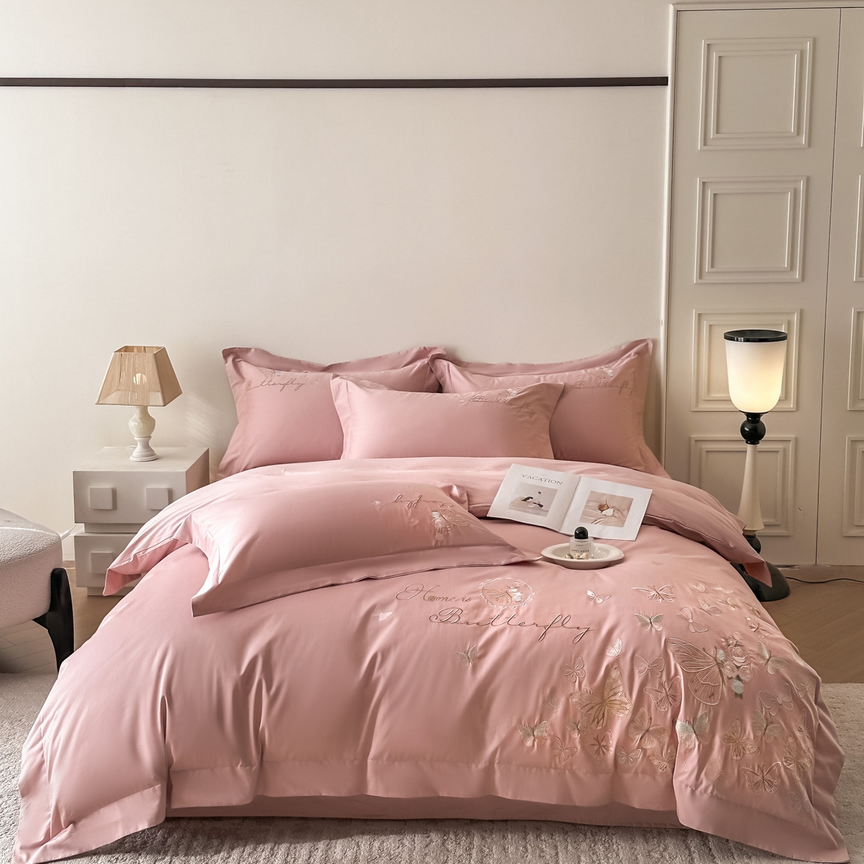 金喜 2026新款柔软刺绣精梳棉四件套-梦蝶系列 梦蝶-浅豆沙