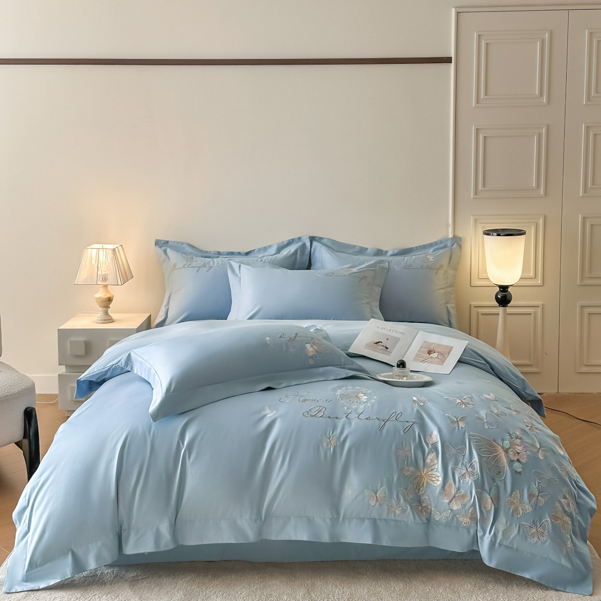 91家纺网 家纺一手货源 找家纺 金喜 2026新款柔软刺绣精梳棉四件套-梦蝶系列 梦蝶-繁星蓝