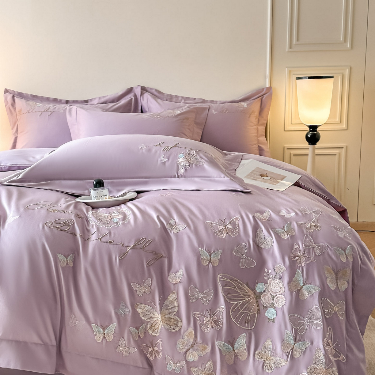 91家纺网 家纺一手货源 找家纺 金喜 2026新款柔软刺绣精梳棉四件套-梦蝶系列 梦蝶-香芋紫