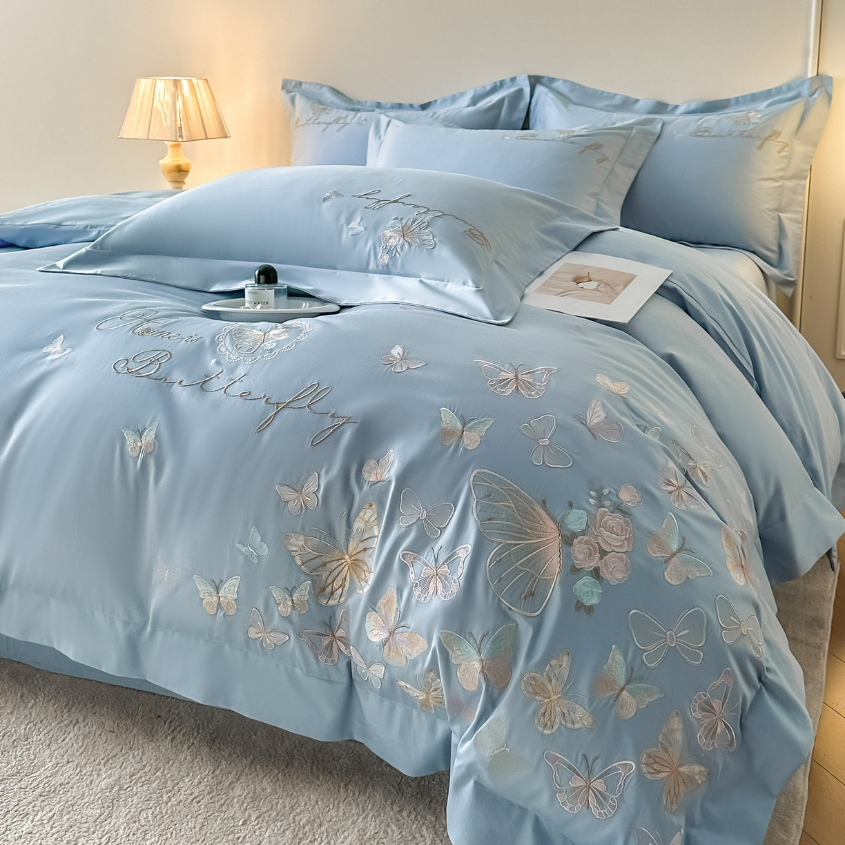 91家纺网 家纺一手货源 找家纺 金喜 2026新款柔软刺绣精梳棉四件套-梦蝶系列 梦蝶-繁星蓝