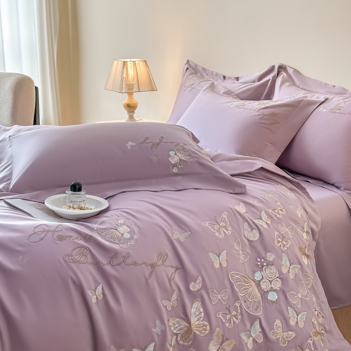 91家纺网 家纺一手货源 找家纺 金喜 2026新款柔软刺绣精梳棉四件套-梦蝶系列 梦蝶-香芋紫