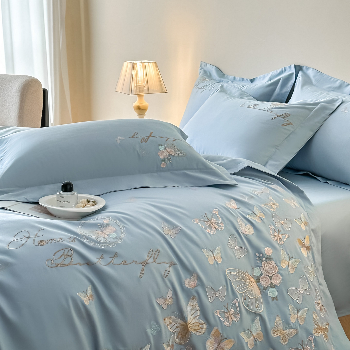 91家纺网 家纺一手货源 找家纺 金喜 2026新款柔软刺绣精梳棉四件套-梦蝶系列 梦蝶-繁星蓝