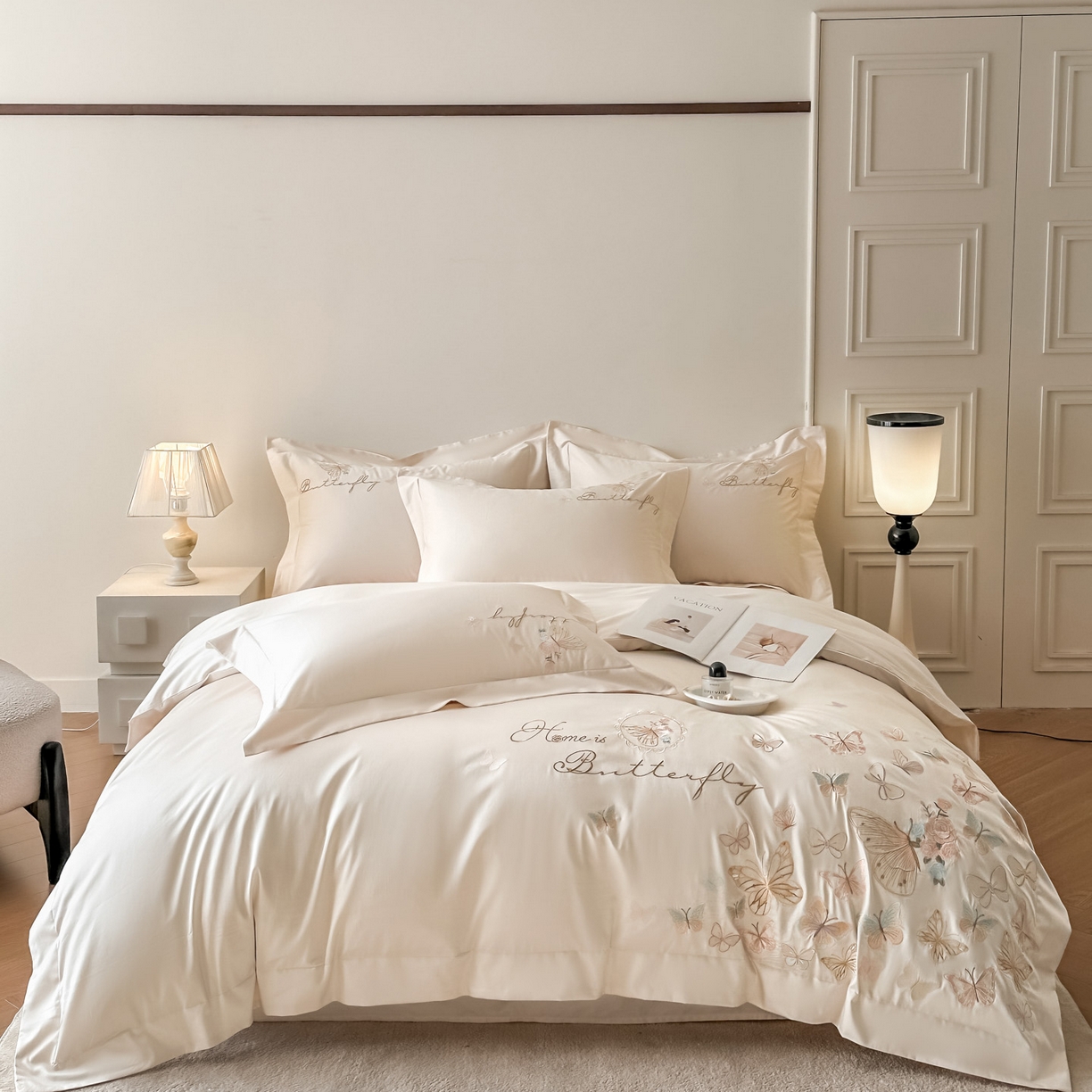 金喜 2026新款柔软刺绣精梳棉四件套-梦蝶系列 梦蝶-月光白